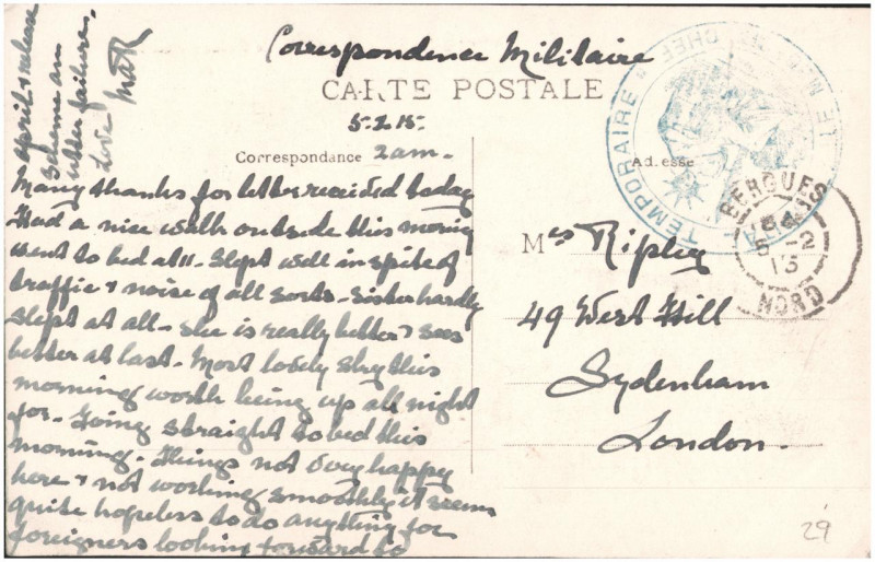 Carte postale ancienne Postcard from Margaret Ripley to her mother, sent 5 February 1915 