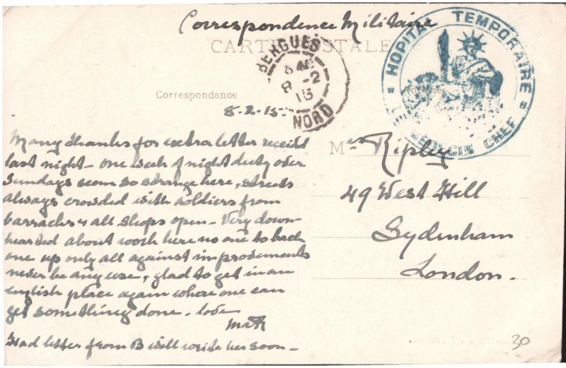 Carte postale ancienne Postcard from Margaret Ripley to her mother, sent 8 February 1915 