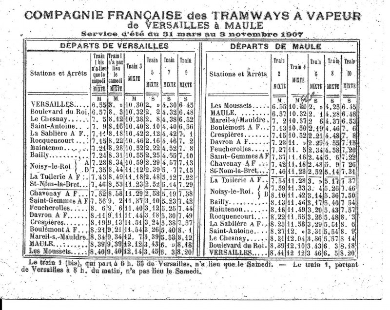 Carte postale ancienne Horaires Versailles Maule 1907