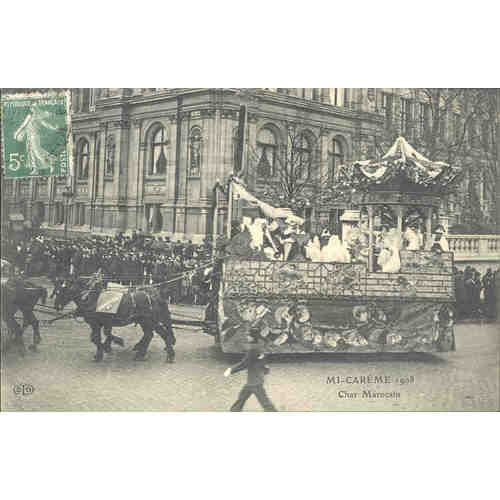 Carte postale ancienne Mi-Carême 1908, Char Marocain