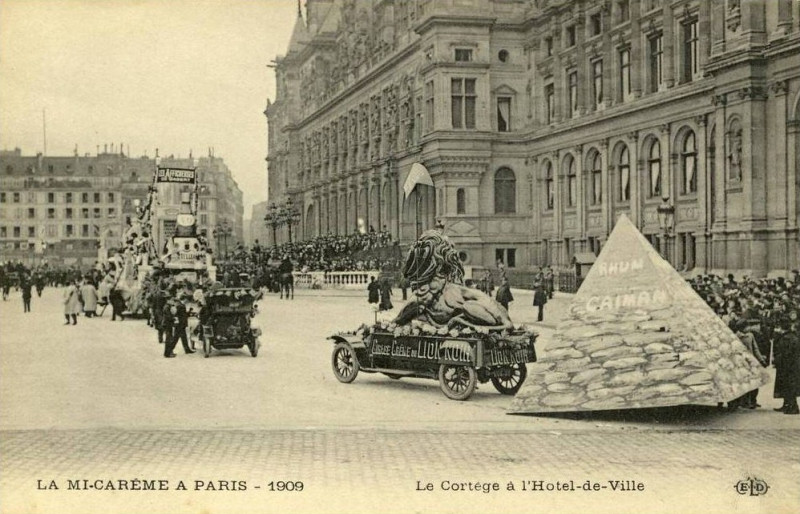 Carte postale ancienne Mi-Carême 1909 Chars réclames