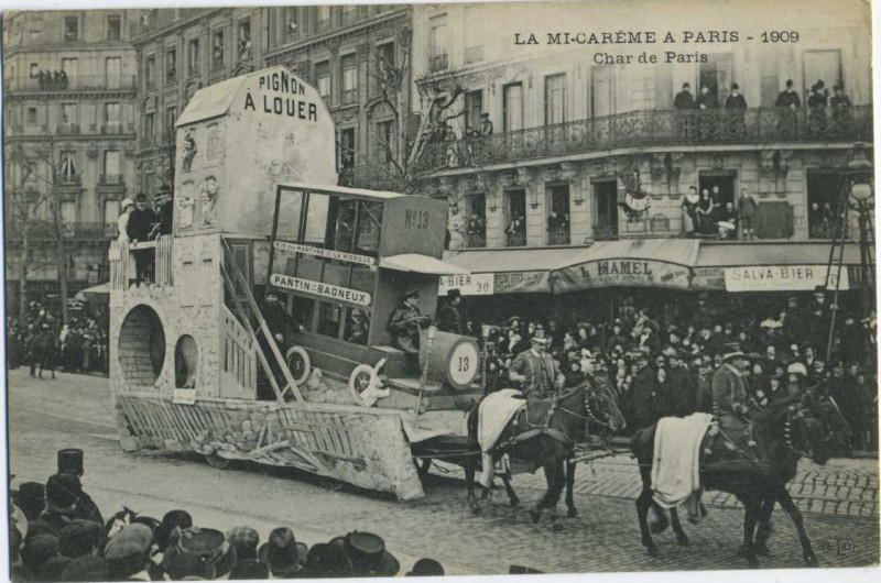 Carte postale ancienne La Mi-Carême 1909 - Char de Paris à Paris 4e
