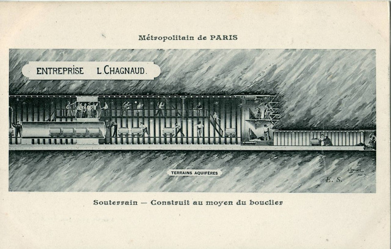 Carte postale ancienne Es - Métropolitain de Paris - Soouterrain - Construit au moyen du bouclier - Entreprise L. Chagnaud à Paris