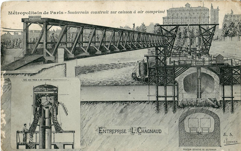 Carte postale ancienne Malcuit - Métropolitain de Paris - Souterrain construit sur caisson à air comprimé