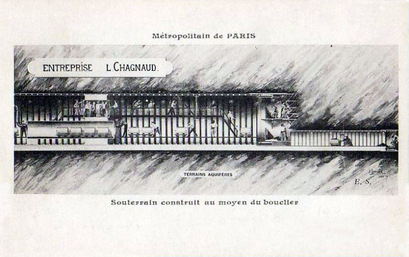 Carte postale ancienne Es - Métropolitain de Paris - Soouterrain - Construit au moyen du bouclier - Entreprise L. Chagnaud à Paris