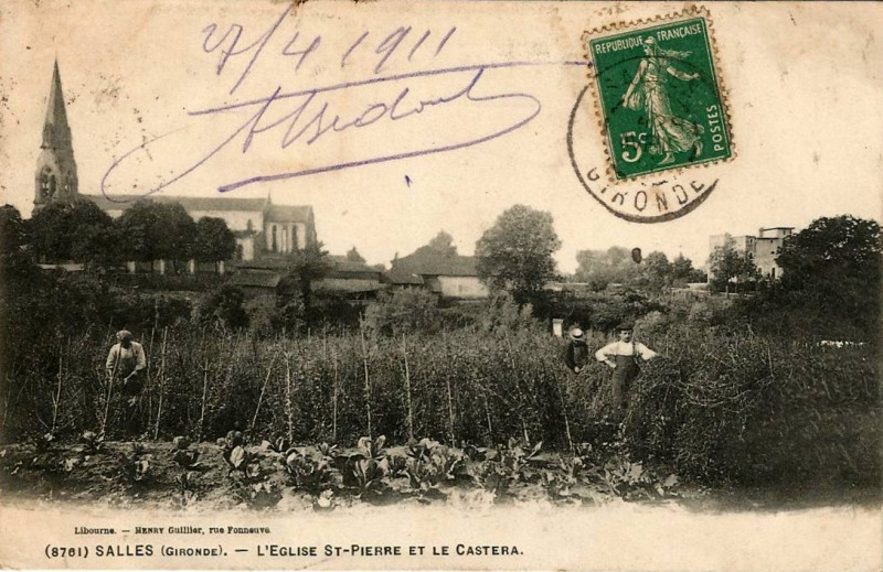 Carte postale ancienne Salles - l'église et le castera