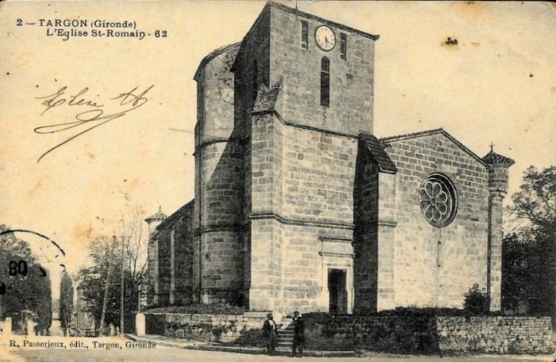 Carte postale ancienne Targon -église St-Romain 1