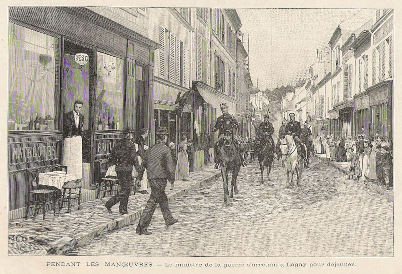 Carte postale ancienne L3154 - Lagny-sur-Marne - Pendant les manoeuvres le ministre de la guerre s'arrête à Lagny pour déjeuner 1894