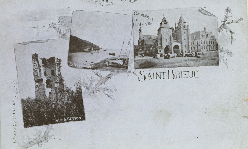 Carte postale ancienne Saint-Brieuc - Tour de Cesson entrée du port cathédrale et hôtel de ville à Saint-Brieuc