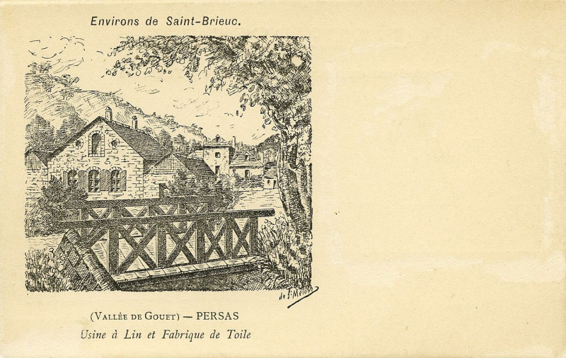 Carte postale ancienne Saint-Brieuc - Vallée du Gouët Persas usine à lin et fabrique de toile à Saint-Brieuc