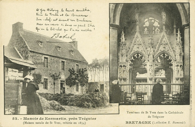 Carte postale ancienne Tréguier - Manoir de Kermartin et tombeau de St-Yves dans la cathédrale à Tréguier