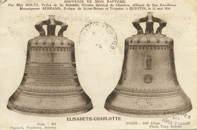 Carte postale ancienne Quintin - Souvenir de mon baptême Elisabeth-Charlotte à Quintin