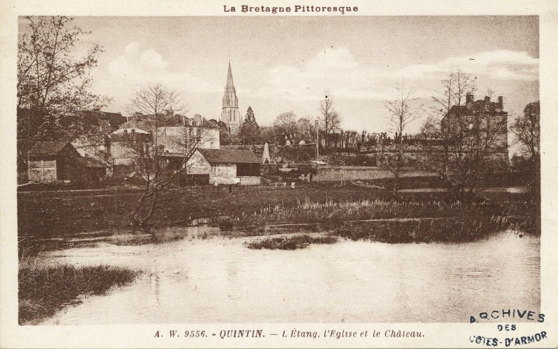 Carte postale ancienne L'Etang, l'Eglise et le Château à Quintin