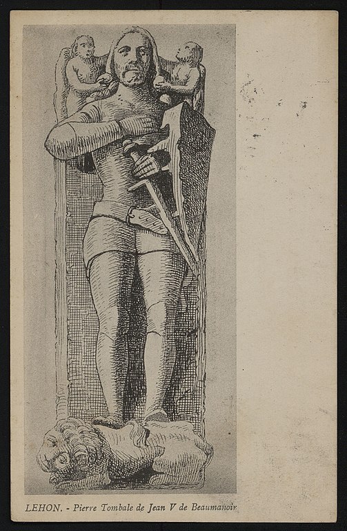 Carte postale ancienne Léhon - Pierre tombale de Jean V de Beaumanoir à Dinan