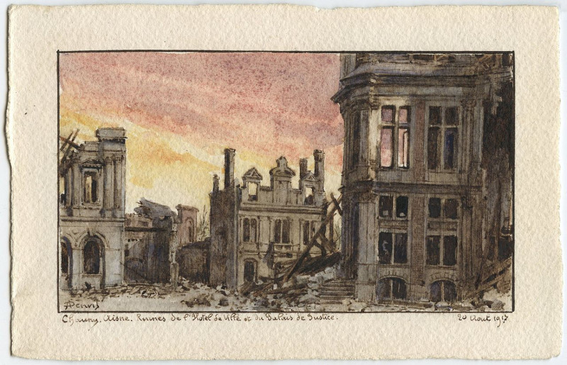 Carte postale ancienne Chauny, Aisne. Ruines de l'Hotel de Ville et du Palais de Justice.Comité des Etudiants Américains de l'Ecole des Beaux-Arts Paris.post card numbered