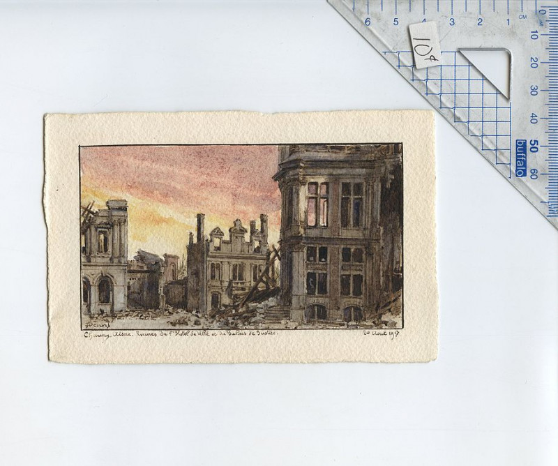 Carte postale ancienne Chauny, Aisne. Ruines de l'Hotel de Ville et du Palais de Justice.Comité des Etudiants Américains de l'Ecole des Beaux-Arts Paris.post card numbered