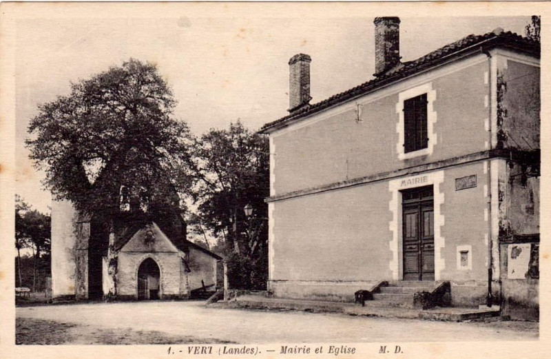 Carte postale ancienne Vert (Landes) - Mairie et église