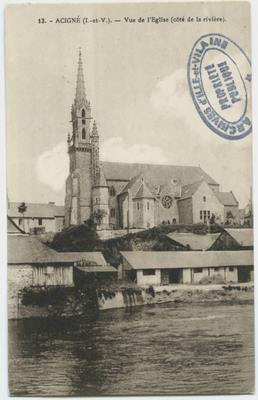 Carte postale ancienne 13. Acigné (I.-et-V.). Vue de l'église (côté de la rivière).