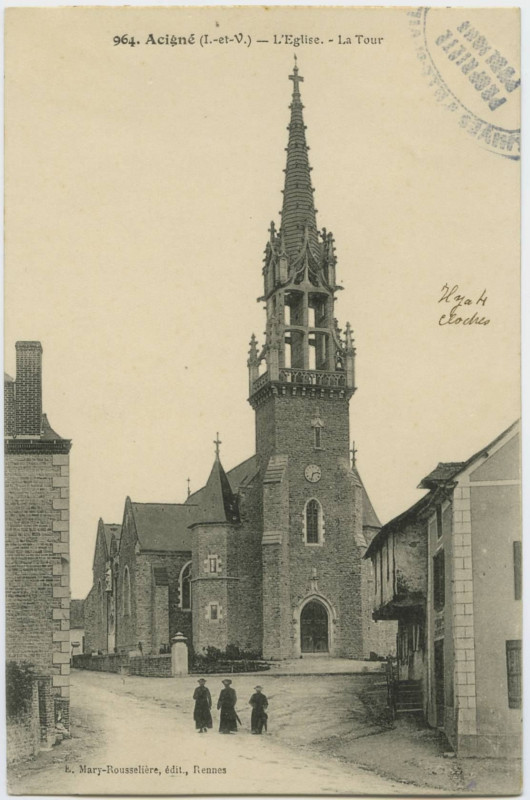 Carte postale ancienne 964. Acigné (I.-et-V.). L'église. La tour