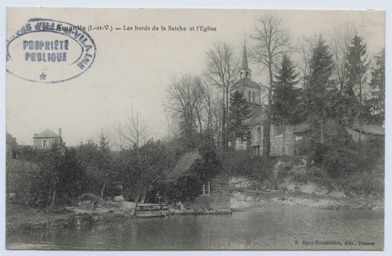 Carte postale ancienne 2267. Amanlis(I.-et-V.). Les bords de la Seiche et l'Eglise.