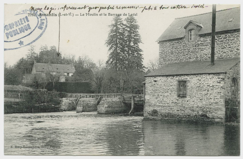Carte postale ancienne 2269. Amanlis(I.-et-V.). Le moulin et le barrage de Laval.