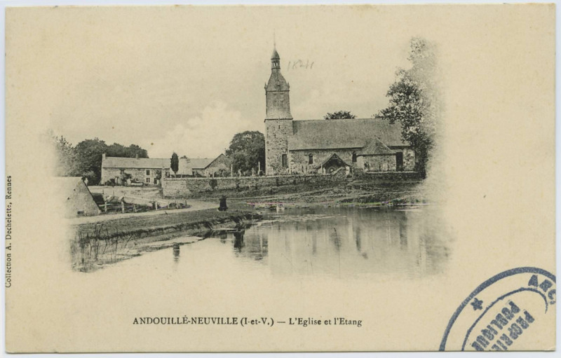 Carte postale ancienne Andouillé-Neuville (I.-et-V.). L'église et l'étang.