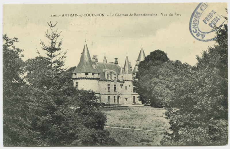 Carte postale ancienne 1204. Antrain-sous-Couesnon. Le château de Bonnefontaine, vue du parc.