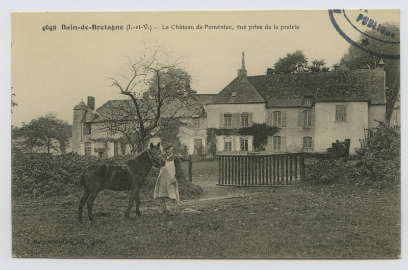 Carte postale ancienne 4649. Bain-de-Bretagne (I.-et-V.). Le château de Poméniac,vue prise de la prairie.