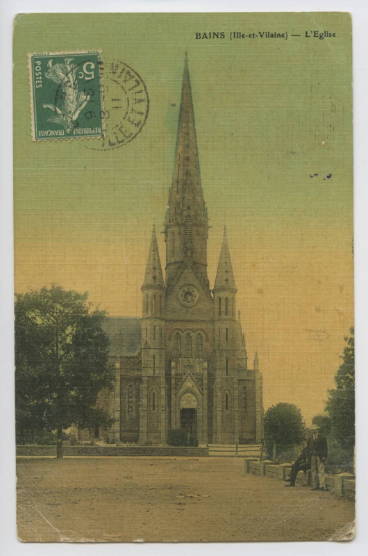 Carte postale ancienne Bains-sur-Oust (I.-et-V.). L'église.  (date de la scène : 1915)