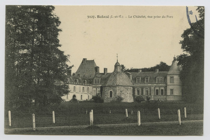 Carte postale ancienne 3127. Balazé (I.-et-V.). Le Châtelet, vue prise du parc.
