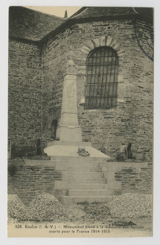 Carte postale ancienne 508. Baulon (I.-et-V.). Monument élevé à la mémoire des soldats morts pour la France 1914-1918