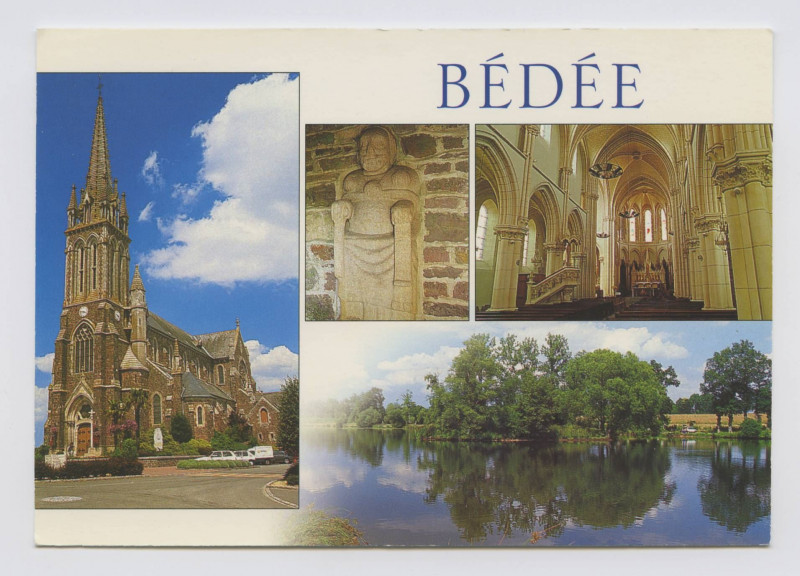 Carte postale ancienne Bedee (35). L'église néo-gothique du XIX°s., la statue de Saint Jacques (XIV°S.), l'intérieur de l'église, les douves d'une ancienne motte féod