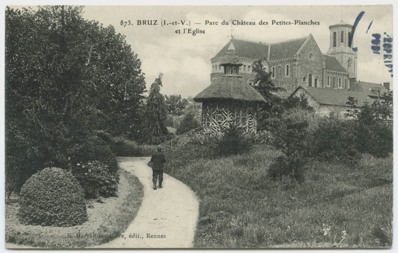 Carte postale ancienne 873 - Bruz (I.-et-V.) - Parc du château des Petites-Planches et l'église