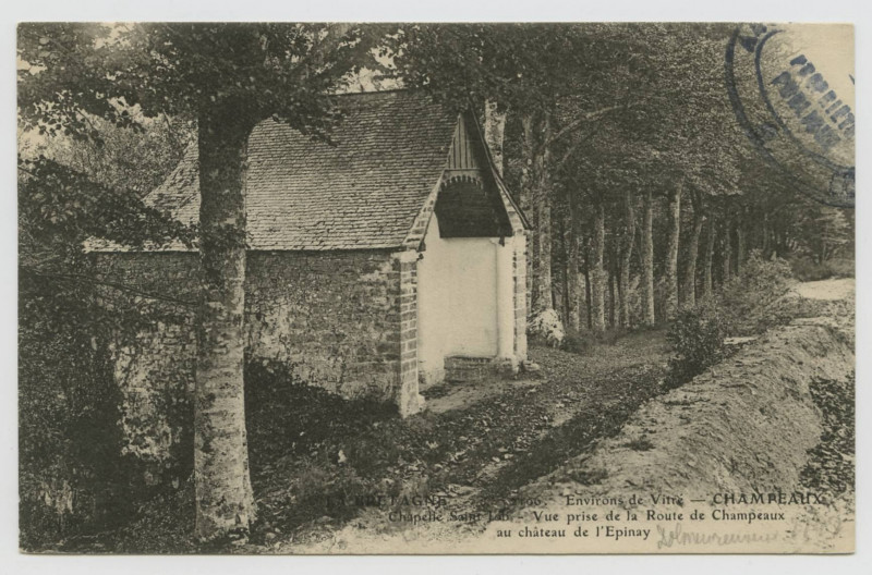 Carte postale ancienne 2106. Environs de Vitré - Champeaux. Chapelle Saint Job - Vue prise de la Route de Champeaux au château de L'Epinay.