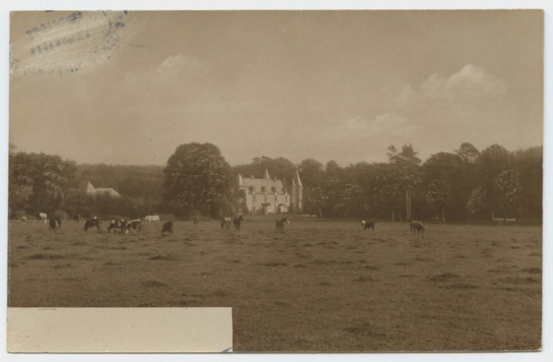 Carte postale ancienne [Vue du Château d'Espinay, façade sud et la campagne environnante (bois et champs).]