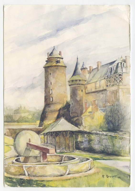 Carte postale ancienne Aquarelle représentant le Château de Châteaugiron, avec au premier plan une meule.