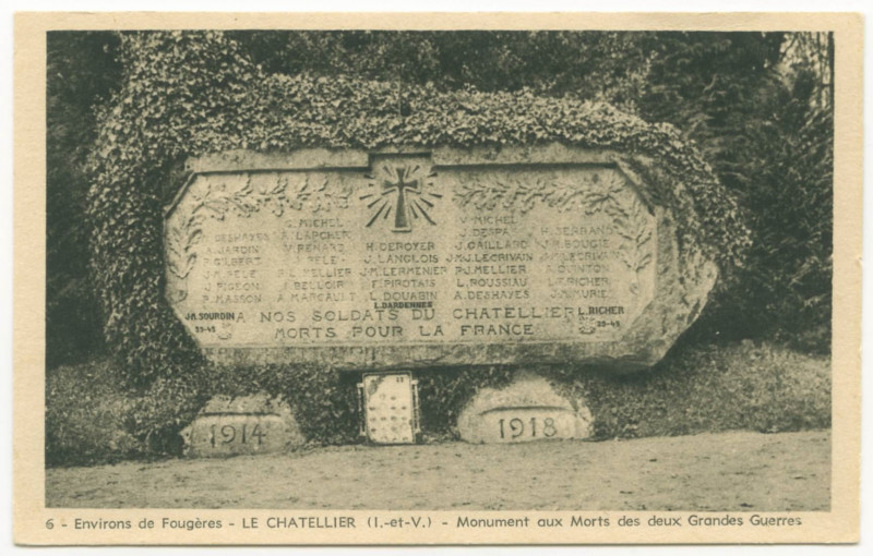 Carte postale ancienne 6 - Environs de Fougères - Le Chatellier (I.-et-V.) - Monuments aux Morts des deux Grandes Guerres.