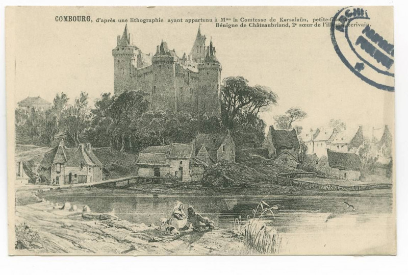 Carte postale ancienne COMBOURG, d'après une lithographie ayant appartenu à Mme la Comtesse de Kersalaün, petite-fille de Bénigne de Châteaubriand, 2e soeur de l'illust