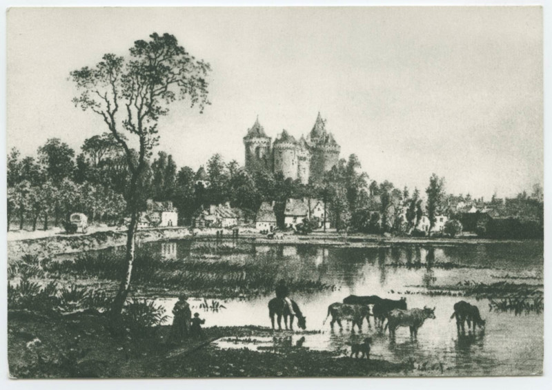 Carte postale ancienne 387 . Château de Combourg et le lac Tranquil (35) - Gravure du XVIIIe siècle.