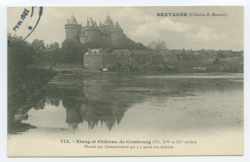 Carte postale ancienne 713. - Etang et Château de Combourg (XIe, XIVe et XVe siècles) - Illustré par Chateaubriand qui y a passé son enfance.