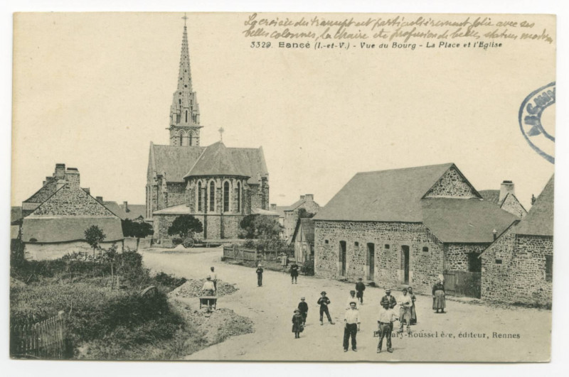 Carte postale ancienne 3329. Eancé (I.-et-V.) - Vue du Bourg - La Place et l'Eglise.
