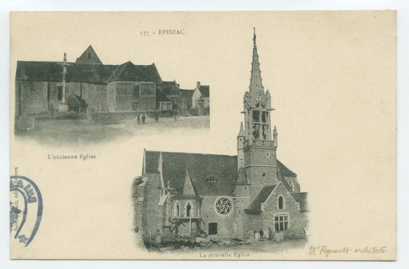 Carte postale ancienne 137 - Epiniac. : L'ancienne Eglise et La nouvelle Eglise.