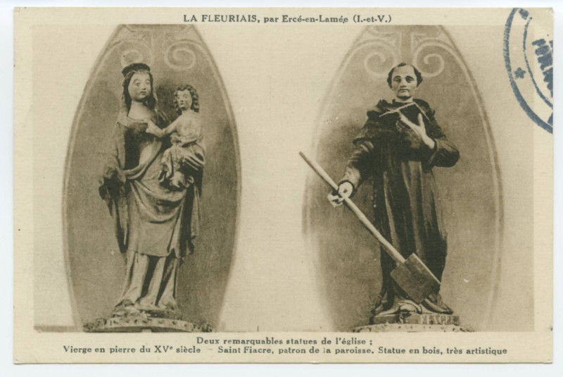 Carte postale ancienne La FLEURIAIS, par Ercé-en-Lamée (I.-et-V.). Deux remarquables statues de l'église ; Vierge en pierre du XVe siècle - Saint Fiacre, patron de la pa