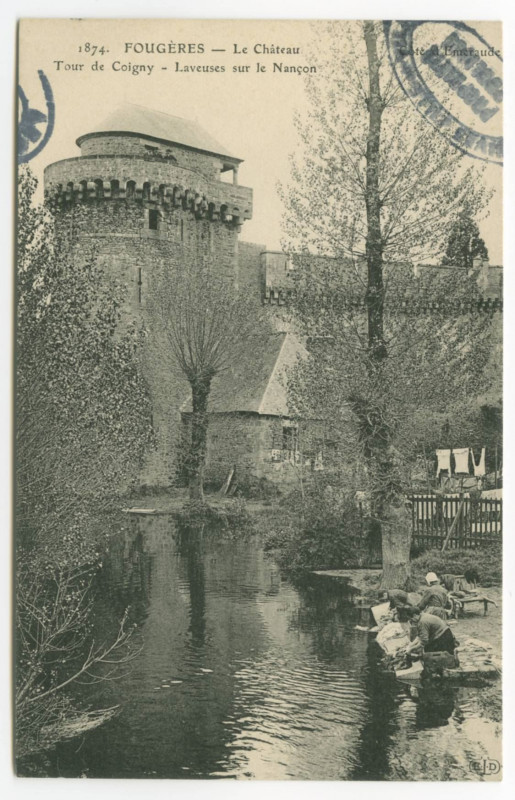 Carte postale ancienne 1874. Fougeres _ Le Château - Tour de Coigny - Laveuses sur le Nançon.