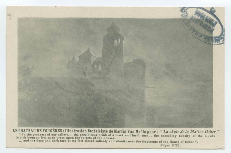 Carte postale ancienne Le Chateau De Fougeres : Illustration fantaisiste de Martin Van Maële pour : La chute de la Maison Usher.