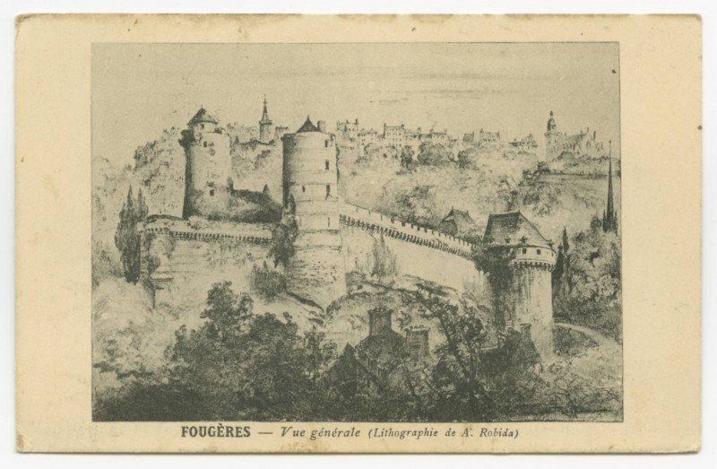 Carte postale ancienne Fougeres _ Vue Generale (Lithographie de A. Robida).
