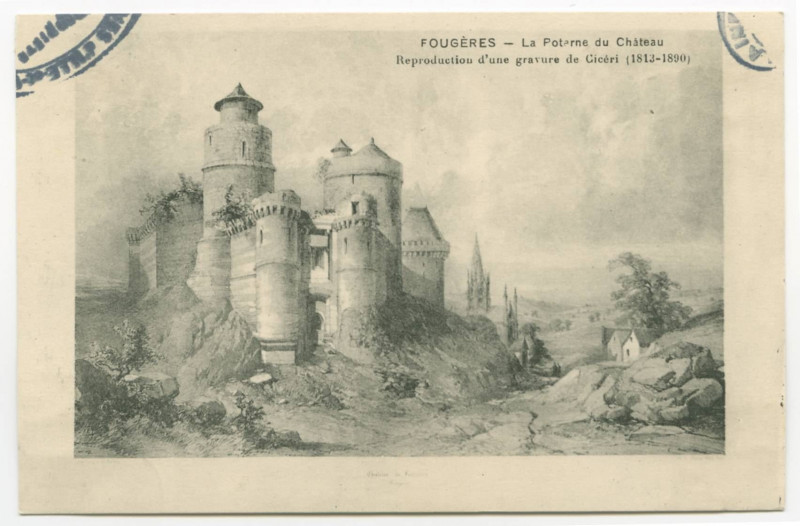 Carte postale ancienne Fougeres _ La Poterne du Château - Reproduction d'une gravure de Cicéri (1813-1890).