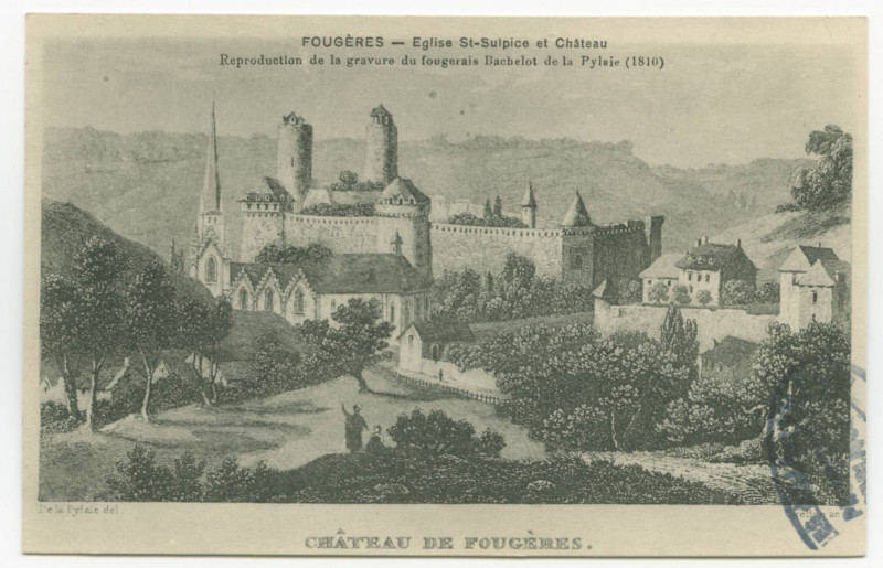 Carte postale ancienne Fougeres _ Eglise St-Sulpice et le Château - Reproduction de la gravure du fougerais Bachelot de la Pylaie (1810).