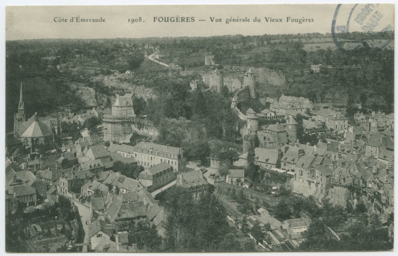 Carte postale ancienne 1908. Fougeres _ Vue Generale du Vieux Fougères.