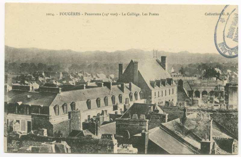 Carte postale ancienne 1014. - Fougeres - Panorama (14e vue) - Le Collège. Les Postes.